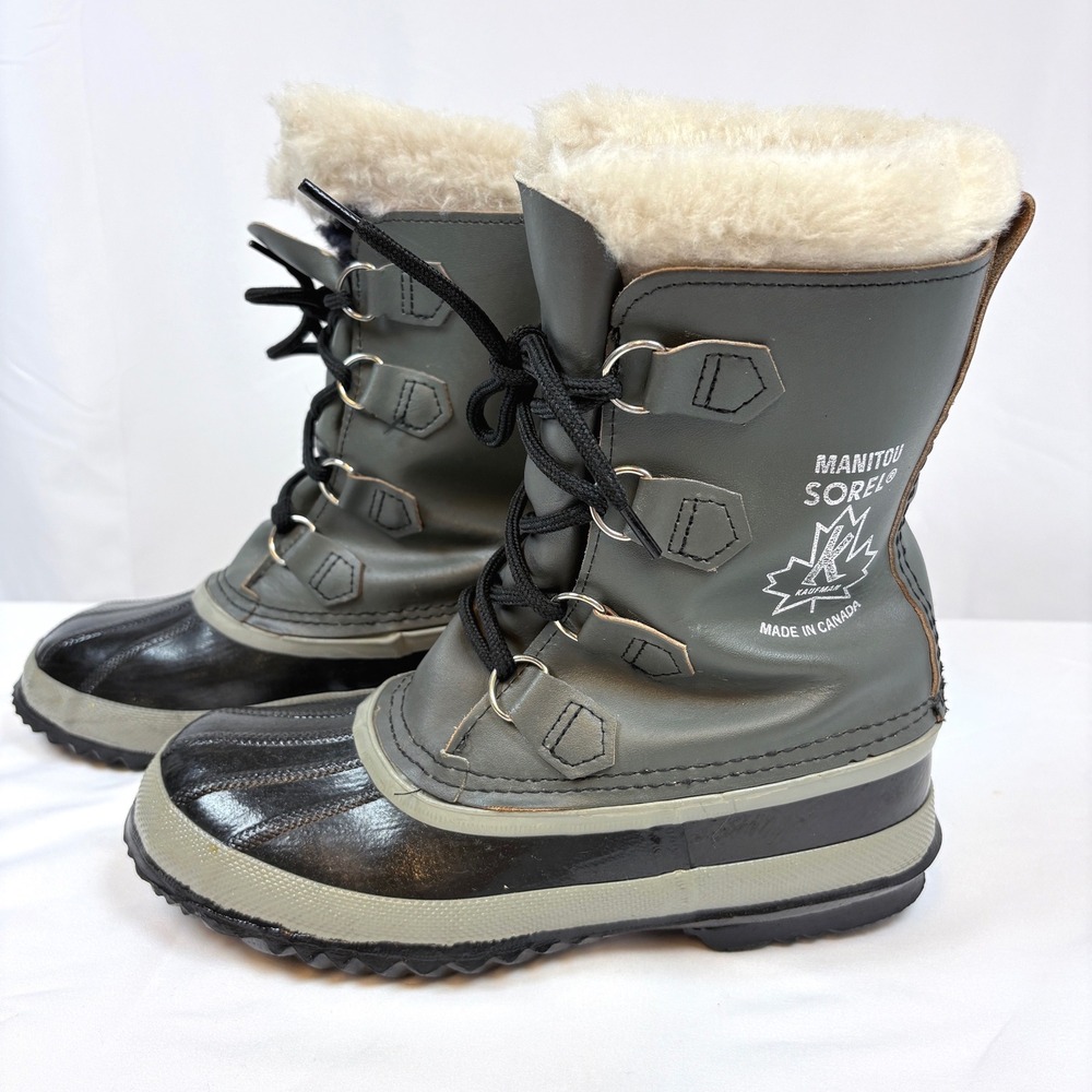 Sorel Vtg Manitou Winter Snow Boots Grey Leather Duck Women 7 Wool Lined Canada